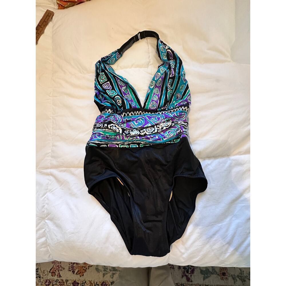 Vintage Catalina Women's Black Purple Halter Neck One Piece Swimsuit Size 10 - Picture 2 of 11
